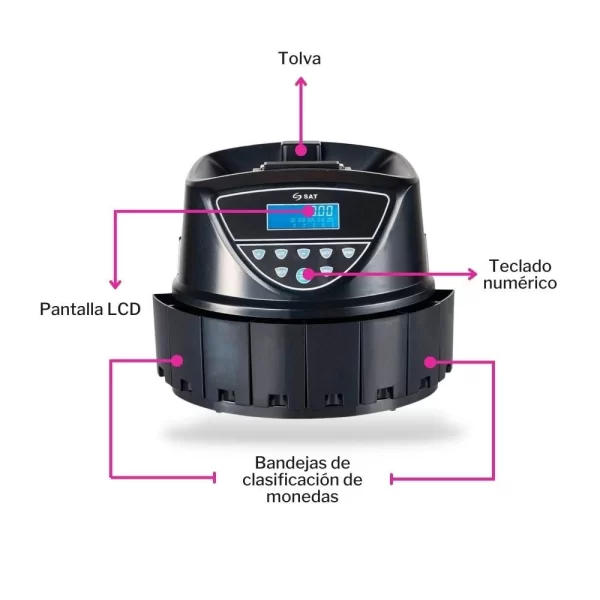 CONTADORA DE MONEDAS SAT CC358, CLASIFICADORA, 350 MON/MIN, DISPLAY LCD - Imagen 3